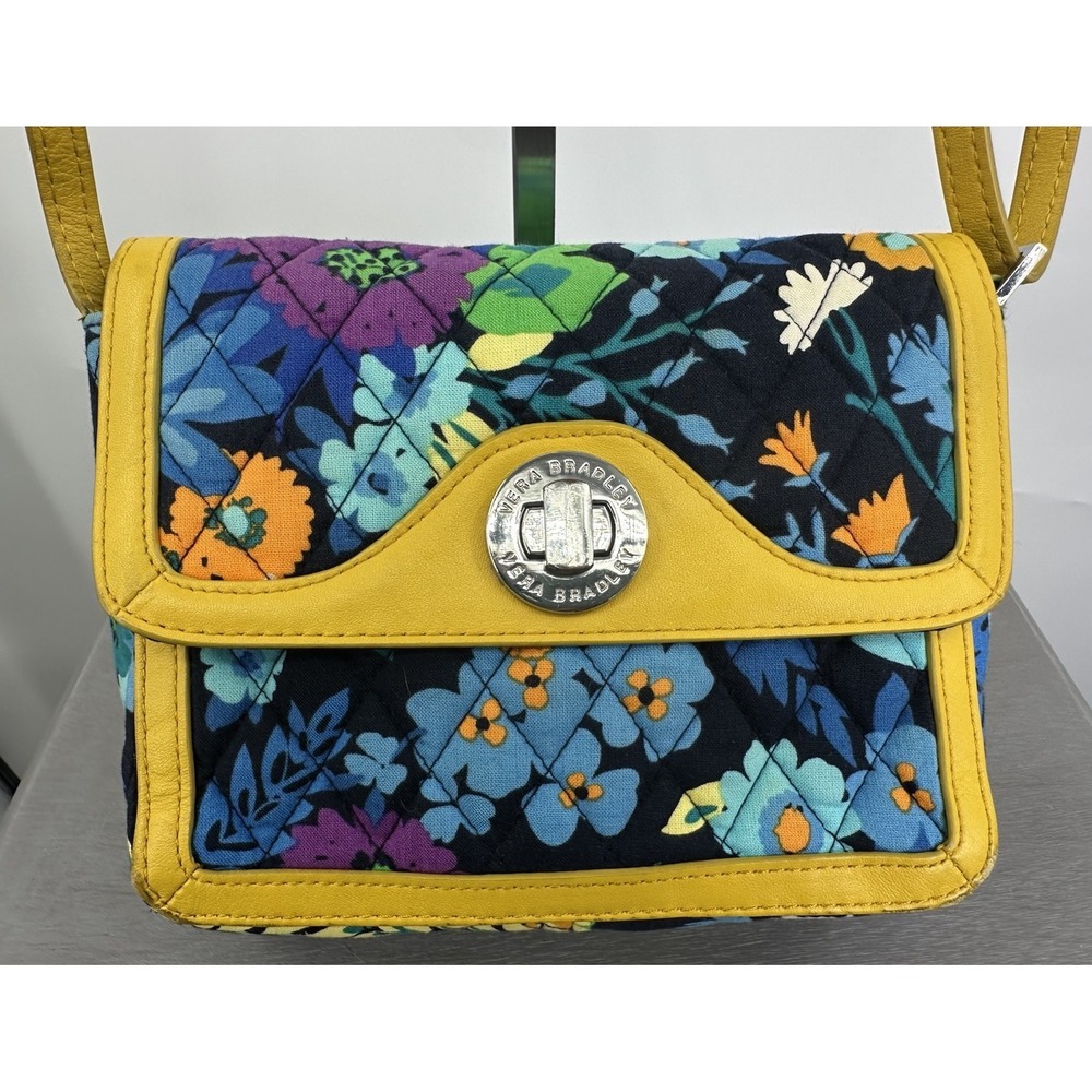 Vera Bradley Midnight Blues Patricia Crossbody Purse Floral Yellow Turn Lock